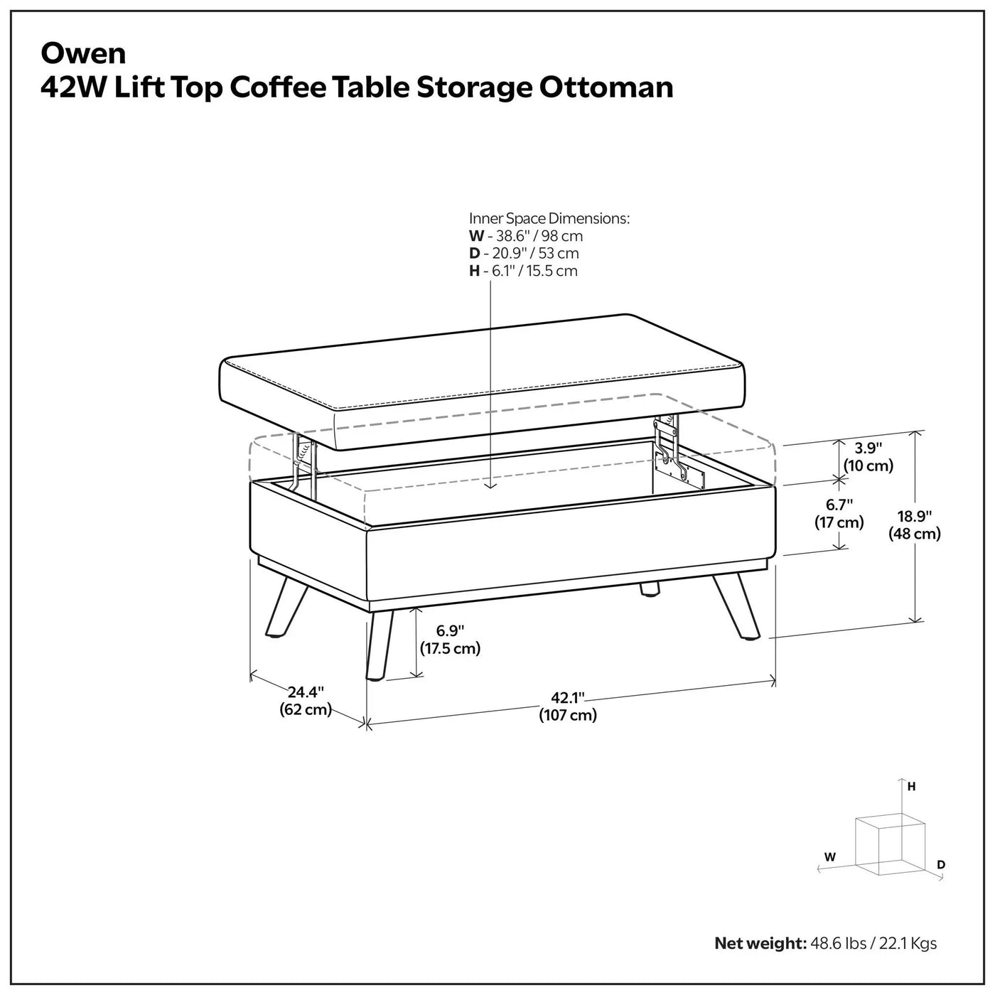 Owen - Lift Top Large Coffee Table Storage Ottoman, Mid Century Style by HouseOfZazla
