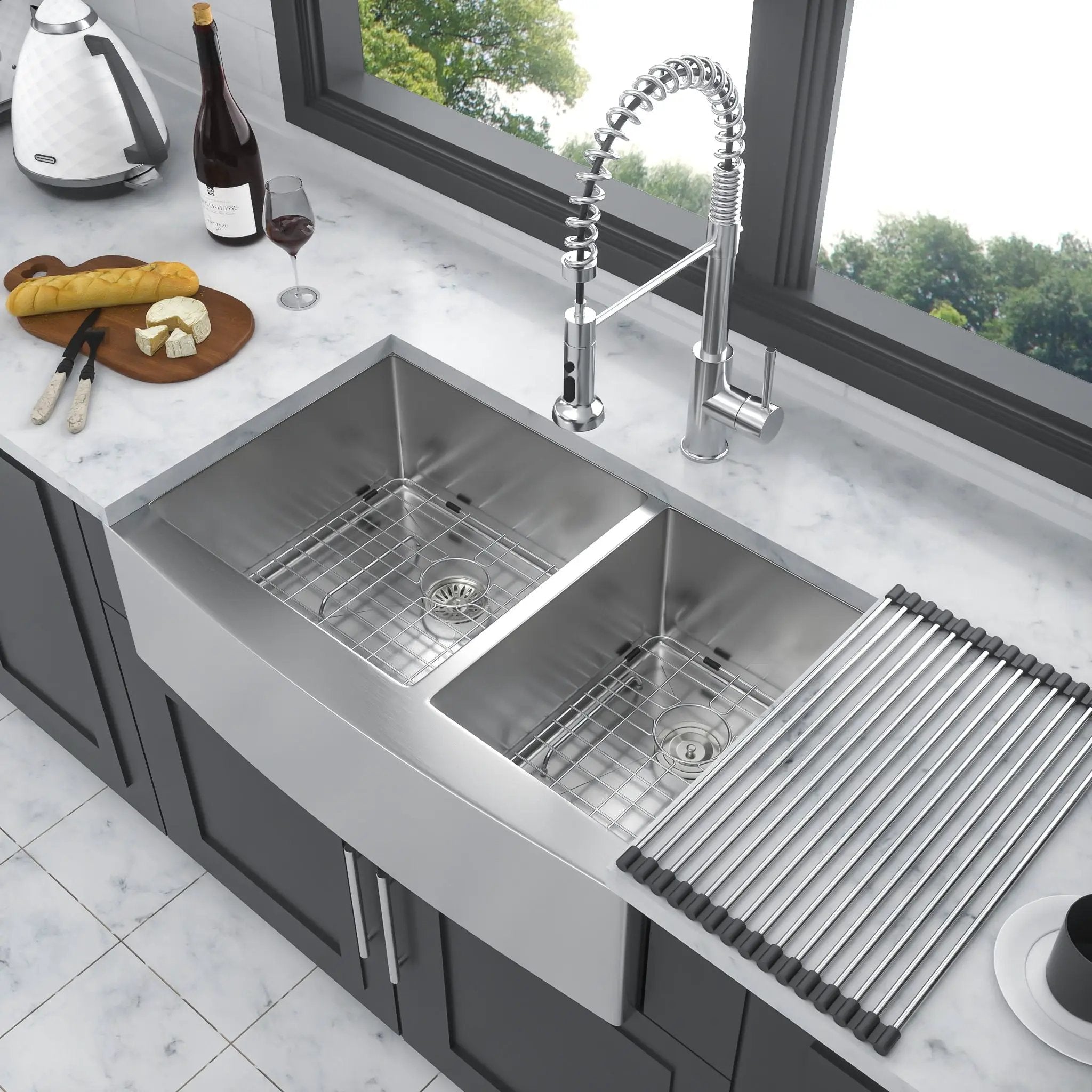 Double Bowl Sink 60 / 40 Split Apron Front Kitchen Sink In 16 Gauge With 2 10" Deep Basins 33" X21" X10" - Brushed Nickel by HouseOfZazla