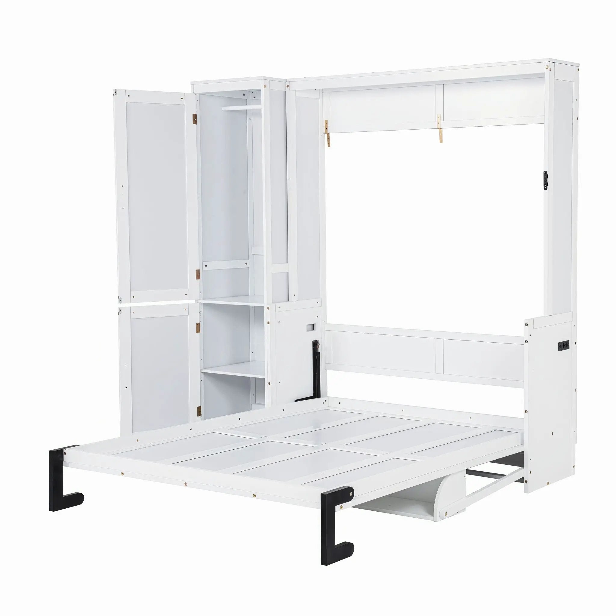 Queen Size Murphy Bed With Wardrobe, Space-Saving Hidden Wall Bed With Desk And Charging Station - White by Unique Piece Furniture