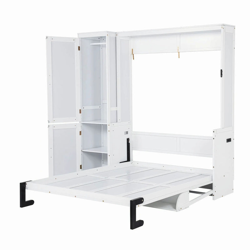 Queen Size Murphy Bed With Wardrobe, Space-Saving Hidden Wall Bed With Desk And Charging Station - White by HouseOfZazla