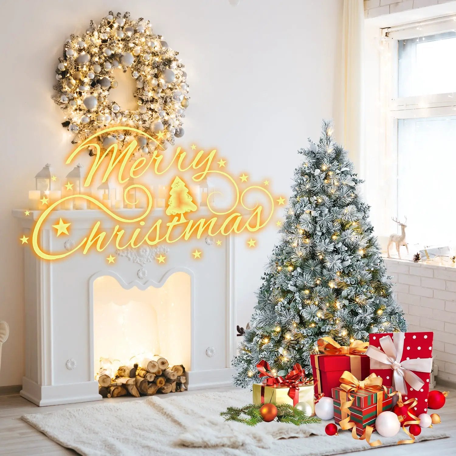 4FT Prelit Flocked Christmas Tree With Pine Needles & Eucalyptus Leaves by HouseOfZazla