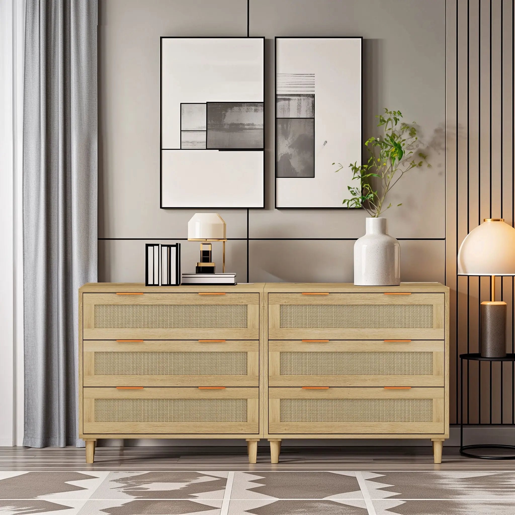 3 Drawers Rattan Storage Cabinet Rattan Drawer, For Bedroom, Living Room, Dining Room, Hallways (Set of 2) - Oak by Unique Piece Furniture