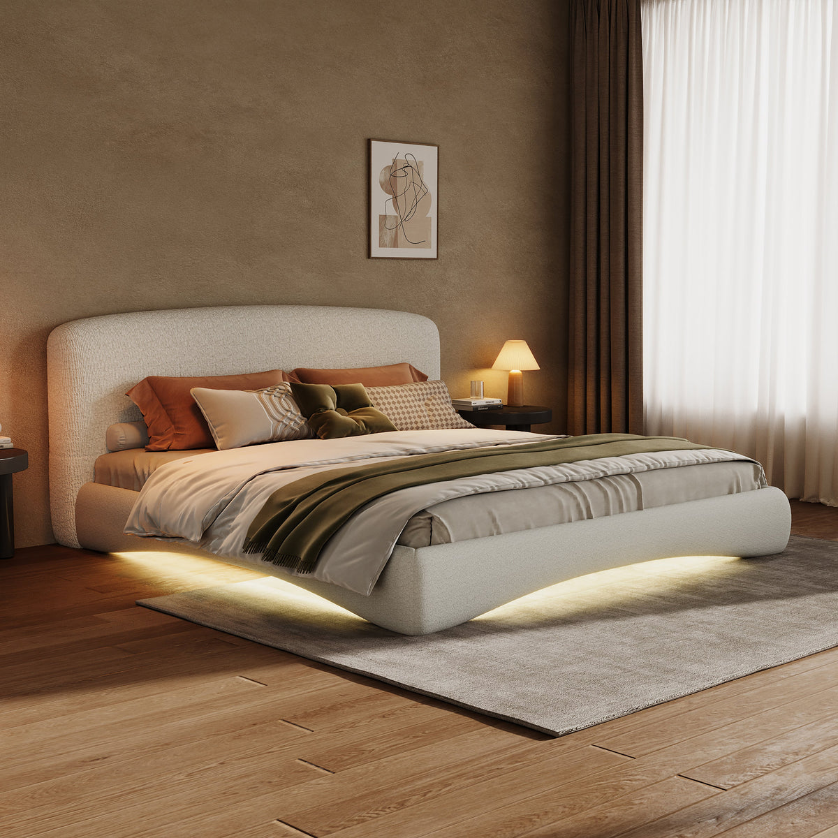 Curved Upholstered Bed with Smart Ambient Lighting - Cream, photo 2 of 10