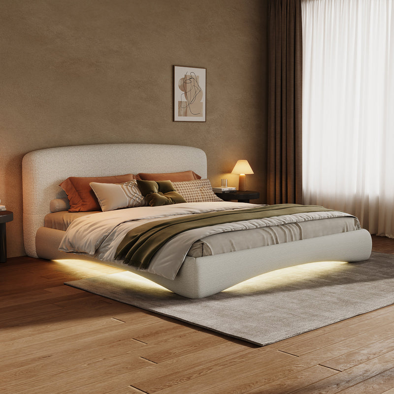 Curved Upholstered Bed with Smart Ambient Lighting - Cream, photo 2 of 10