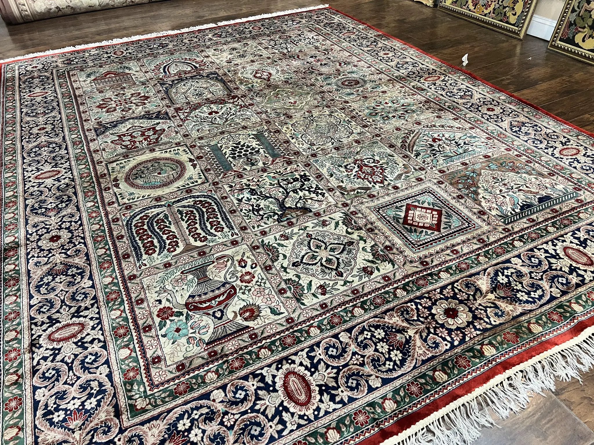 Silk Sino Persian Rug 9x12, Panel Design, Garden of Eden Pattern, Fine 200 KPSI, Hand Knotted Room Sized Silk Carpet, Vintage by Jewel Rugs