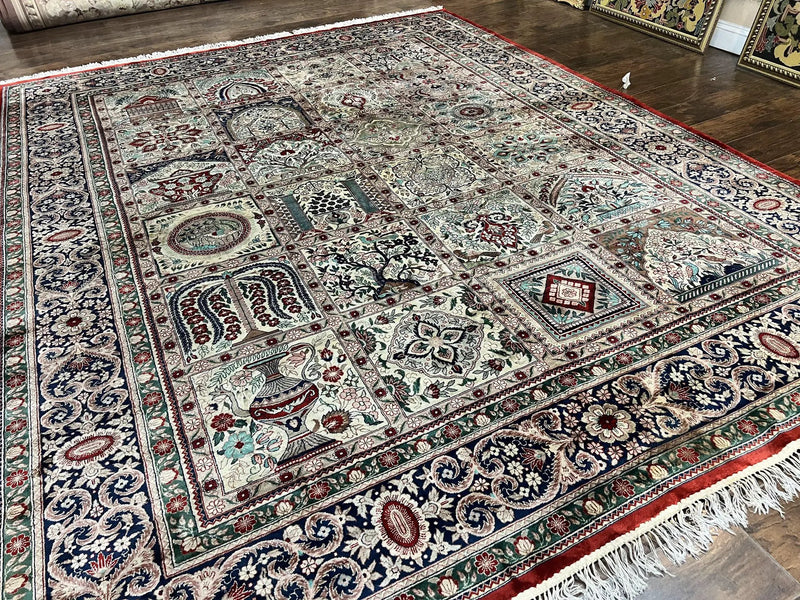 Silk Sino Persian Rug 9x12, Panel Design, Garden of Eden Pattern, Fine 200 KPSI, Hand Knotted Room Sized Silk Carpet, Vintage by Jewel Rugs