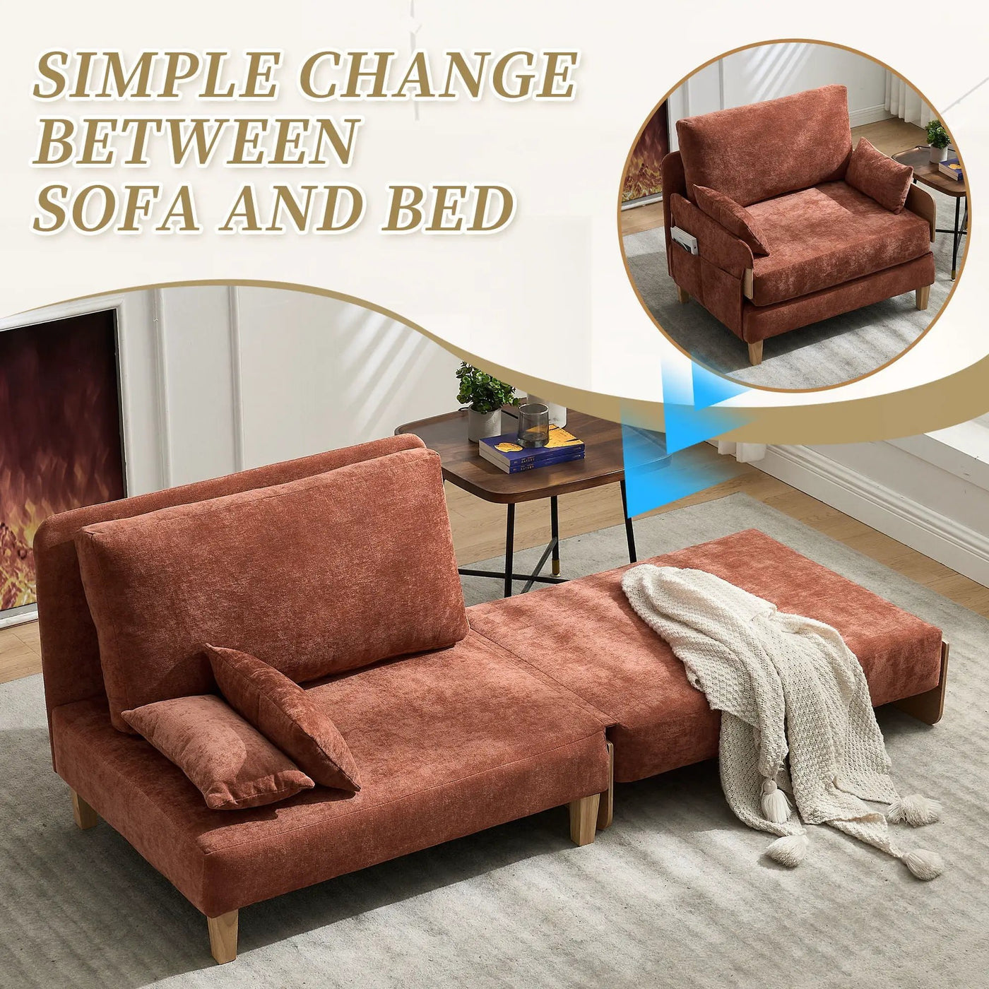 Mid Century Modern Foldable Sofa Bed, 3 In 1 Convertible Sleeper With 3 Pillows by Unique Piece Furniture