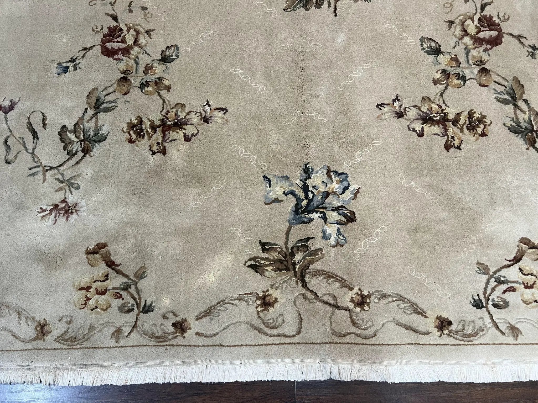Chinese 120 Line Rug 8x10, Chinese Aubusson Wool & Silk Highlights Handmade Vintage Carpet, Beige Fine Weave Rug, Floral European Design by Jewel Rugs