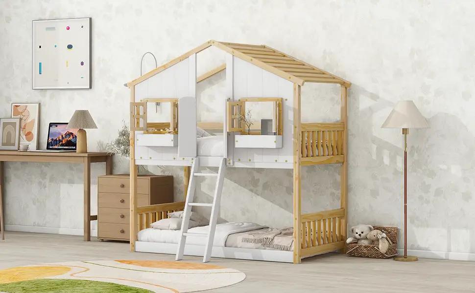 House Bunk Bed With Roof, Window, Window Box, Door, With Safety Guardrails And Ladder by HouseOfZazla