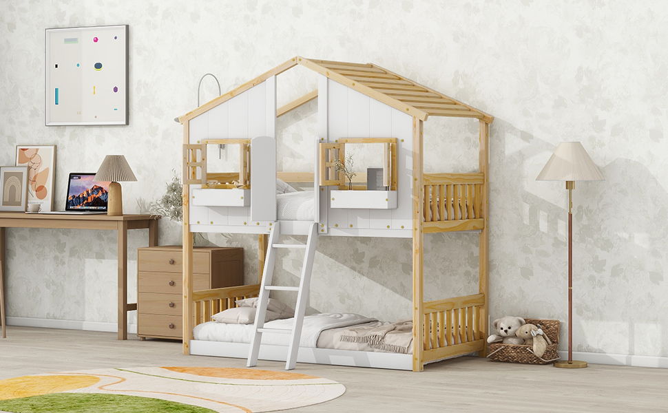 House Bunk Bed with Roof, Windows, and Safety Guardrails – Twin Over Twin, photo 38 of 40