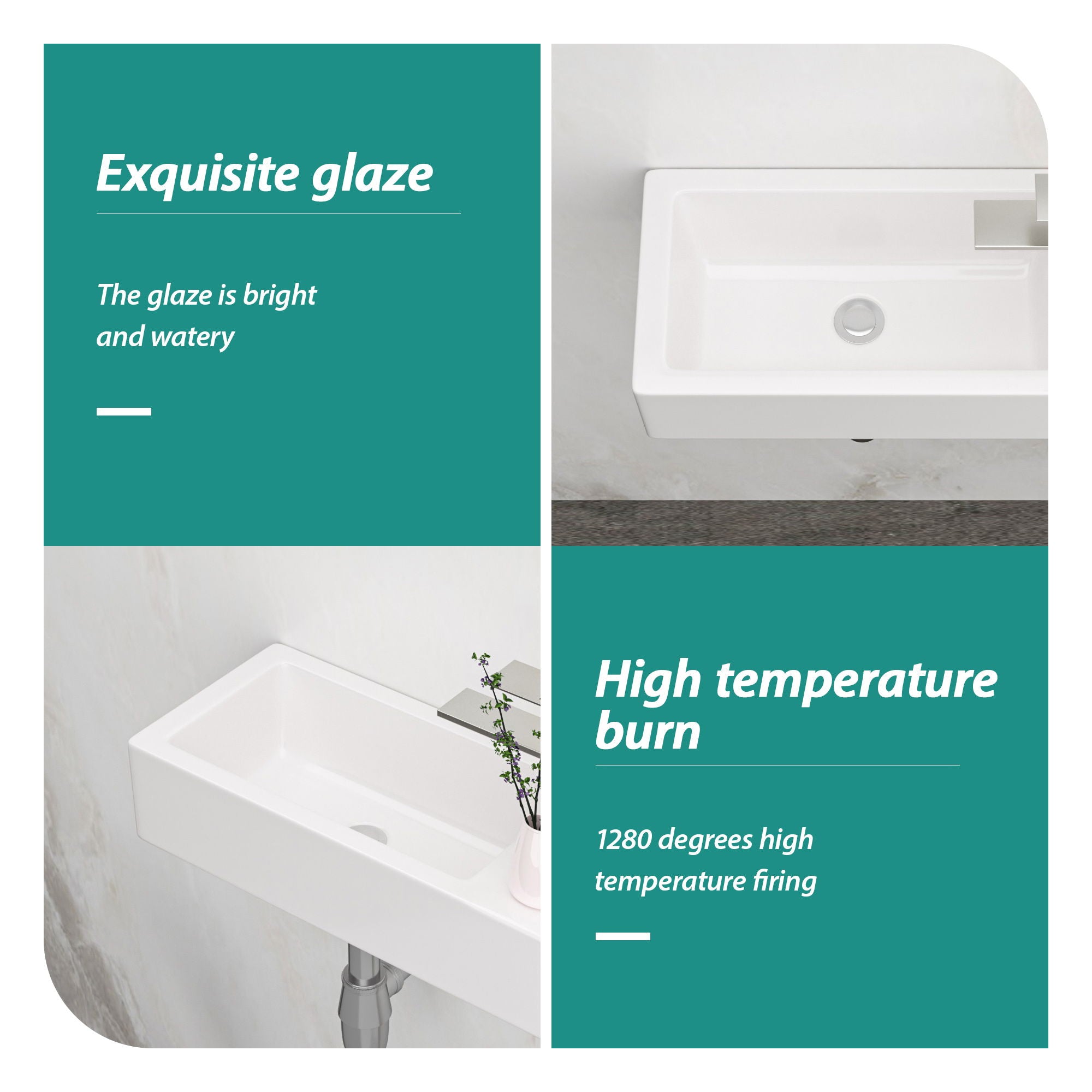 Modern Ceramic Rectangle Wall Mount Bathroom Sink With Single Faucet Hole - White by HouseOfZazla