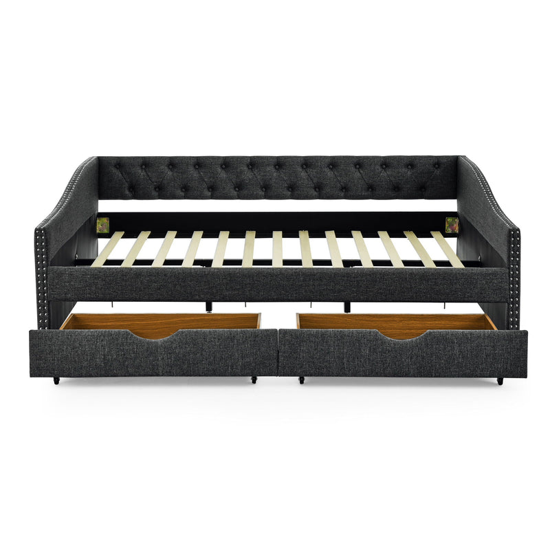 Upholstered Tufted Daybed With 2 Drawers, Waved Arms
