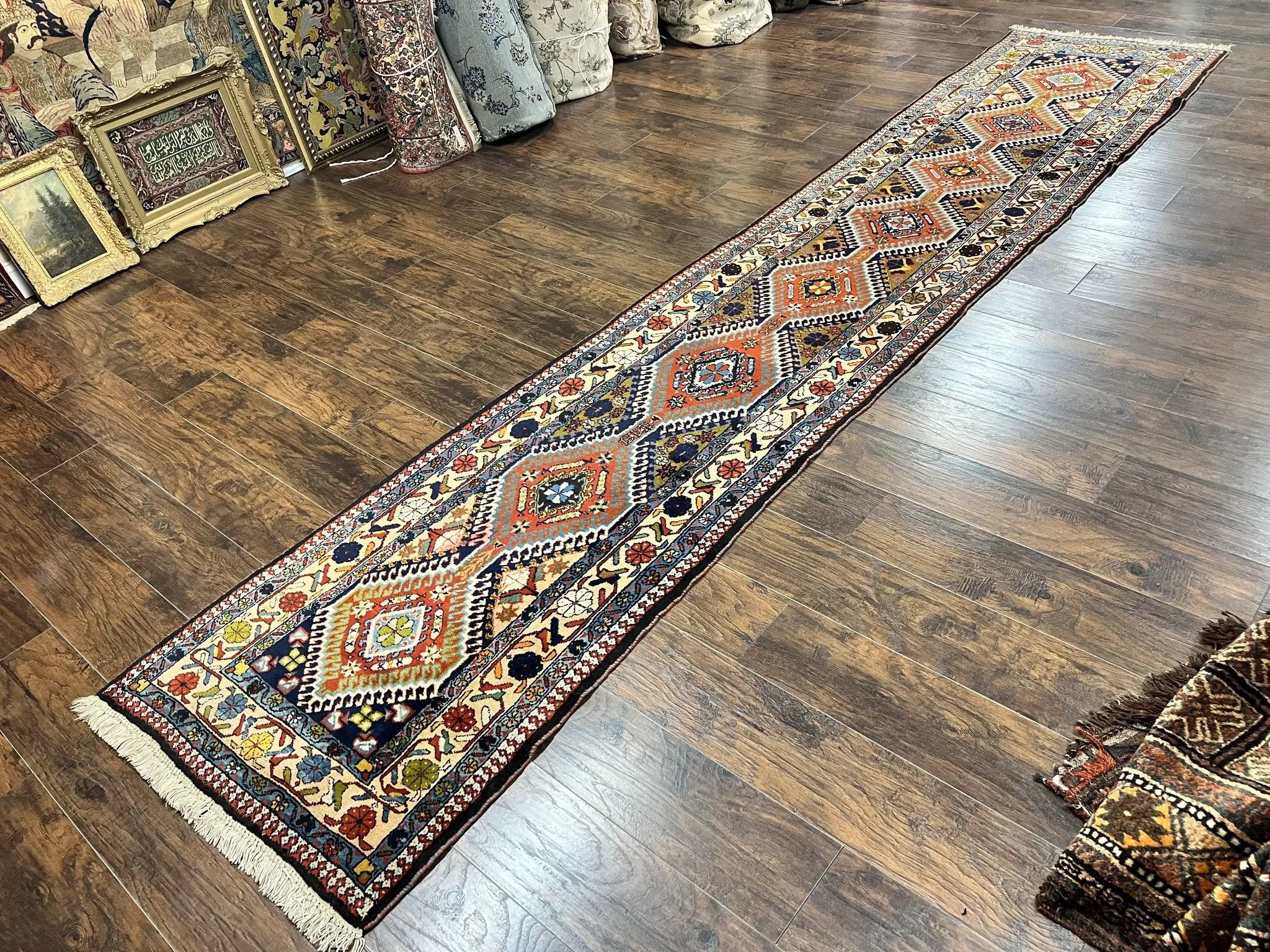 Persian Tribal Runner Rug 2.9 x 14, Colorful Rare Antique Persian Shiraz Yalameh Geometric Carpet for Hallway, 14ft Runner, Handmade, Wool, Red by Jewel Rugs