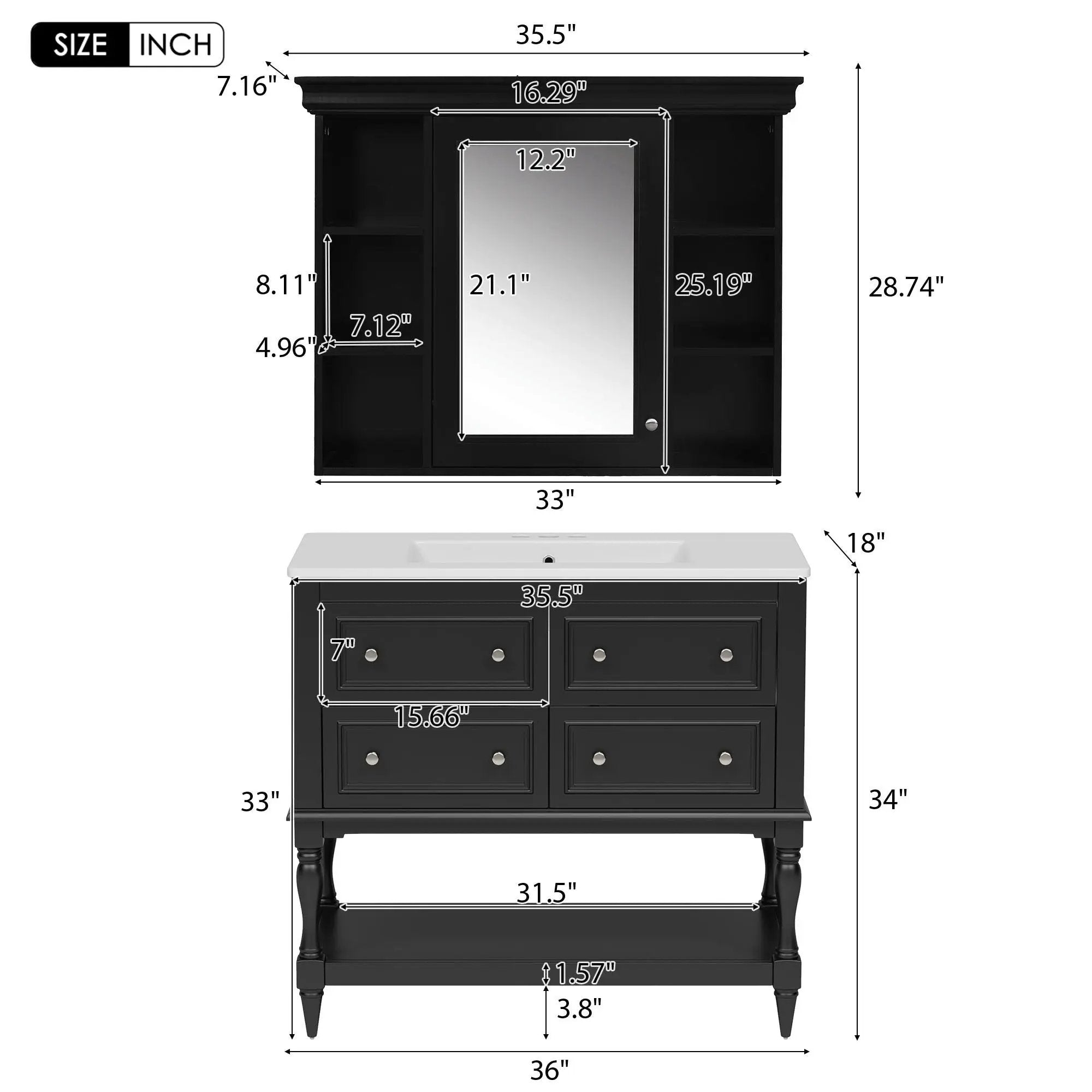Bathroom Vanity With Medicine Cabinet, Storage Cabinet With 4 Drawers, Adjustable Shelf Mirror by Unique Piece Furniture