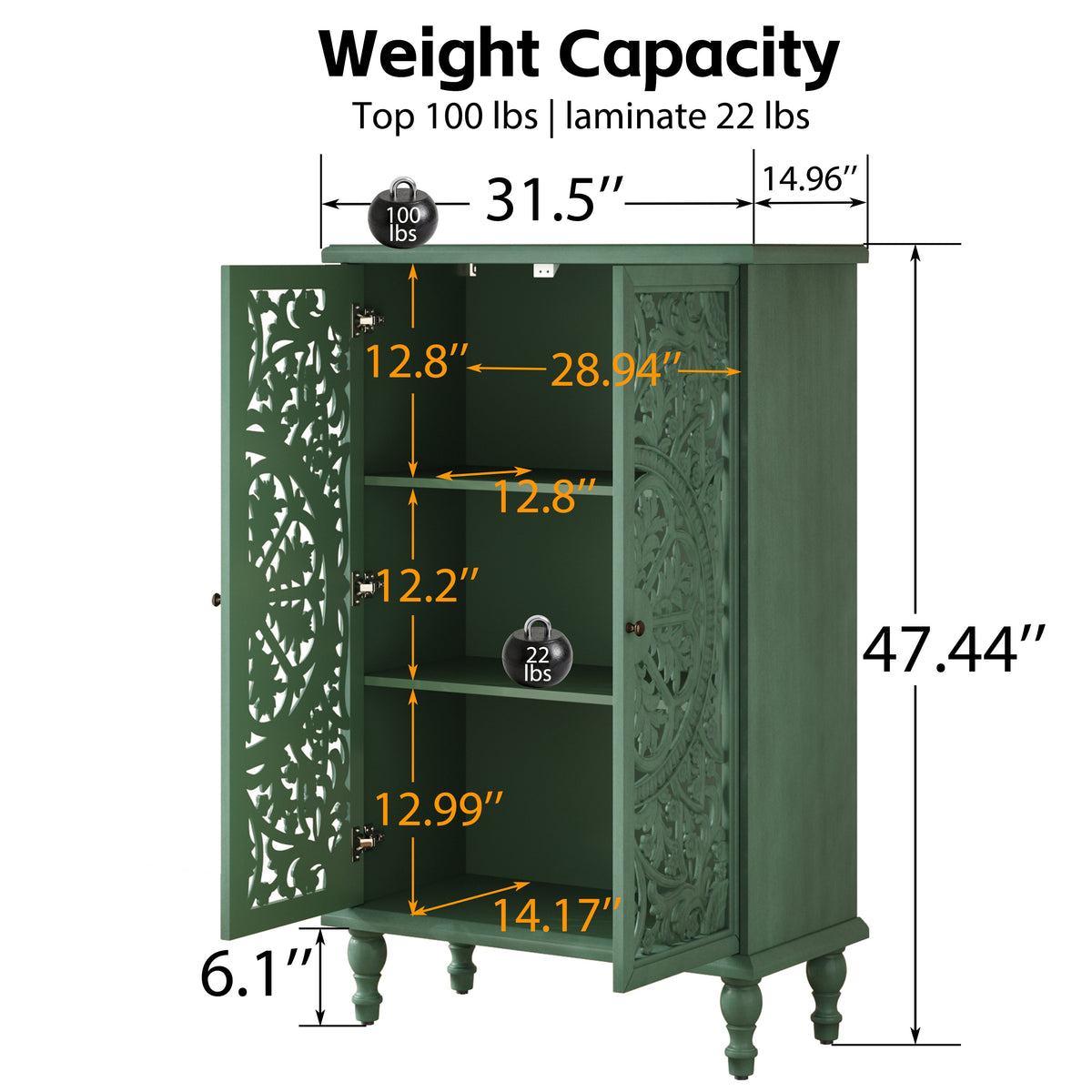 Tall Accent Cabinet with Doors & Storage, Farmhouse Hollow Carved Double Door Display Cabinet with Adjustable Shelf & Turned Legs, Freestanding Decorative Cabinet for Entryway Living Room, photo 6 of 10