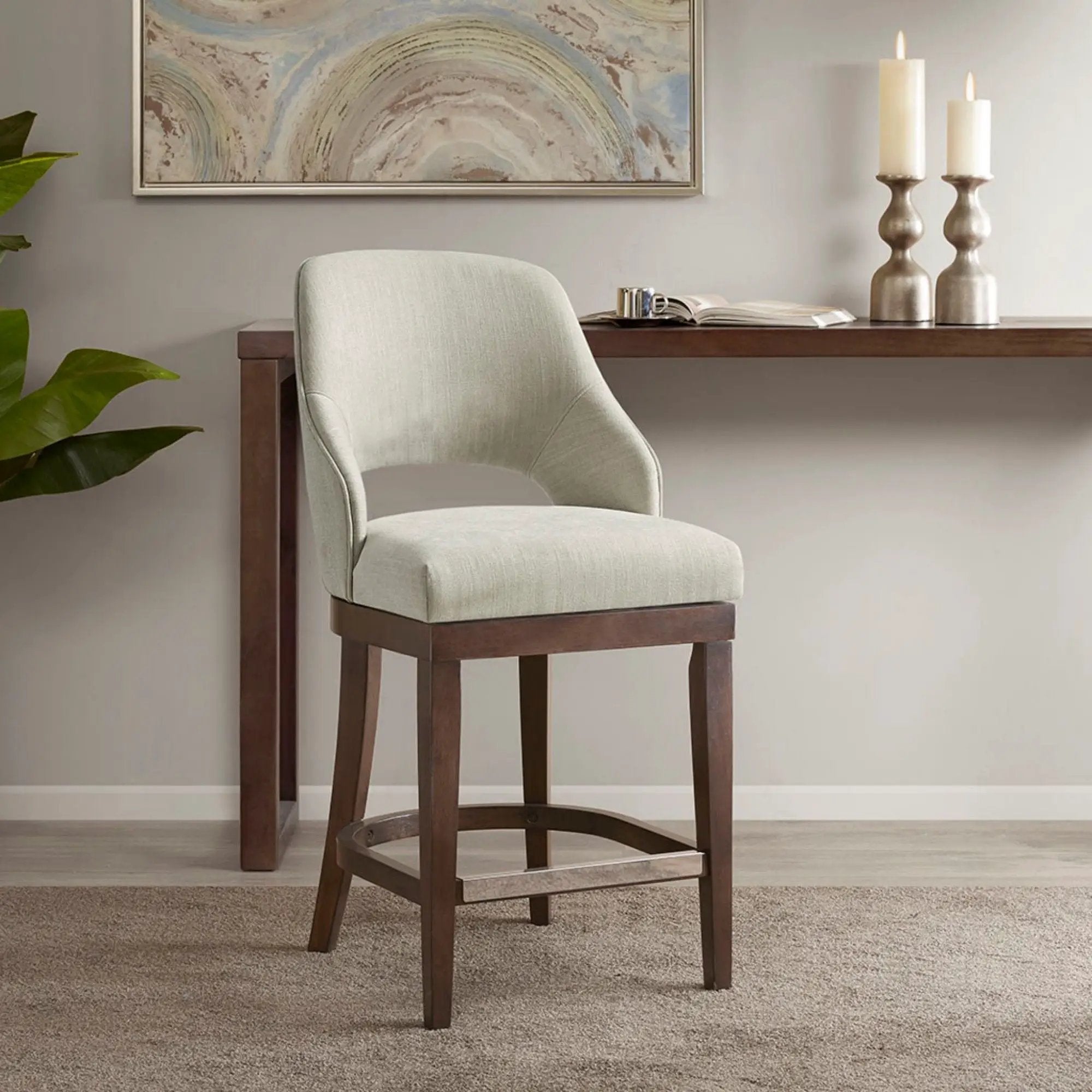 Counter Stool With Swivel Seat, Upholstery And Solid Wood Legs - Cream by HouseOfZazla