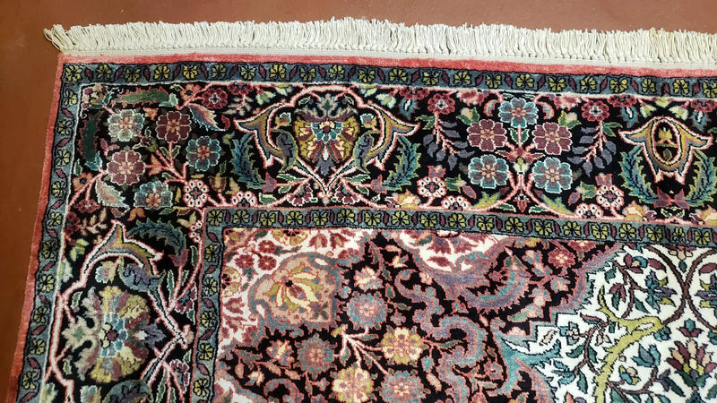 Indian Kashmiri Silk Rug 6x10, Ivory, Floral Medallion by Jewel Rugs