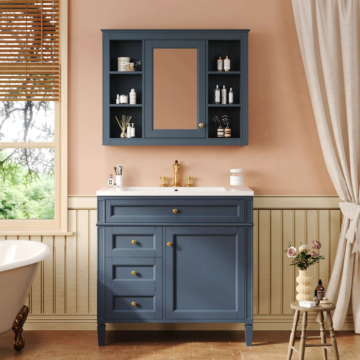 Bathroom Vanity With Mirror Cabinet, Single Sink With 2 Soft Closing Doors And 4 Drawers, photo 26 of 35