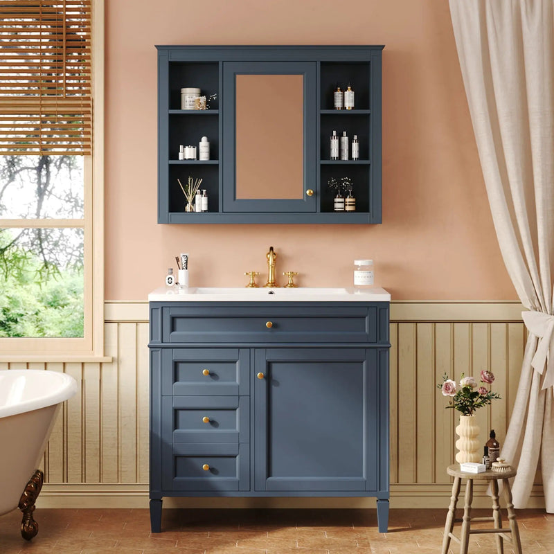 Bathroom Vanity With Mirror Cabinet, Single Sink With 2 Soft Closing Doors And 4 Drawers by HouseOfZazla