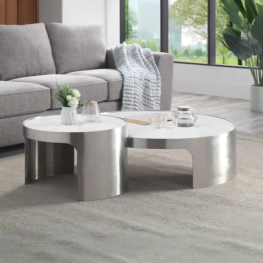 Abilene - Nesting Coffee Table Set - Marble Top & Brush Silver by Unique Piece Furniture