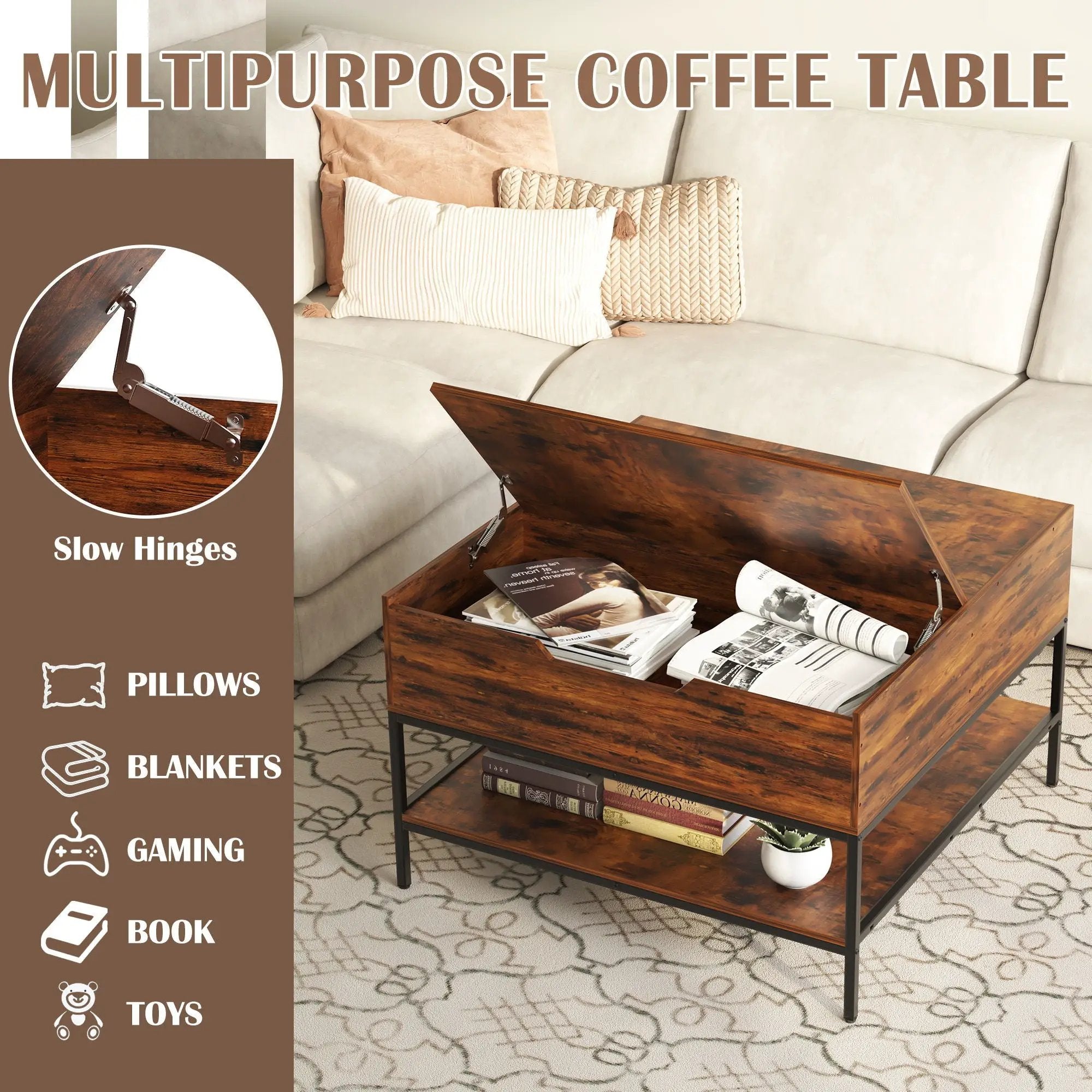 Rustic Flip Top Coffee Table With Hidden Storage - Black / Brown by HouseOfZazla