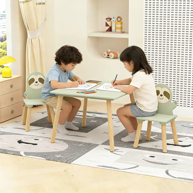 Sloth Themed Table And Chair Set With 2 Cute Animal Chairs - Natural Wood / Sage Green by Unique Piece Furniture