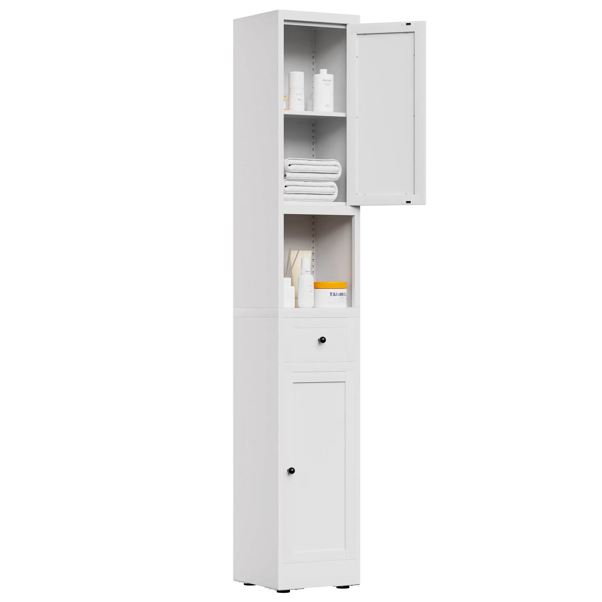 Tall Bathroom Storage Cabinet, 5-Tier Narrow With 2 Doors & Adjustable Shelves, Freestanding - White by HouseOfZazla