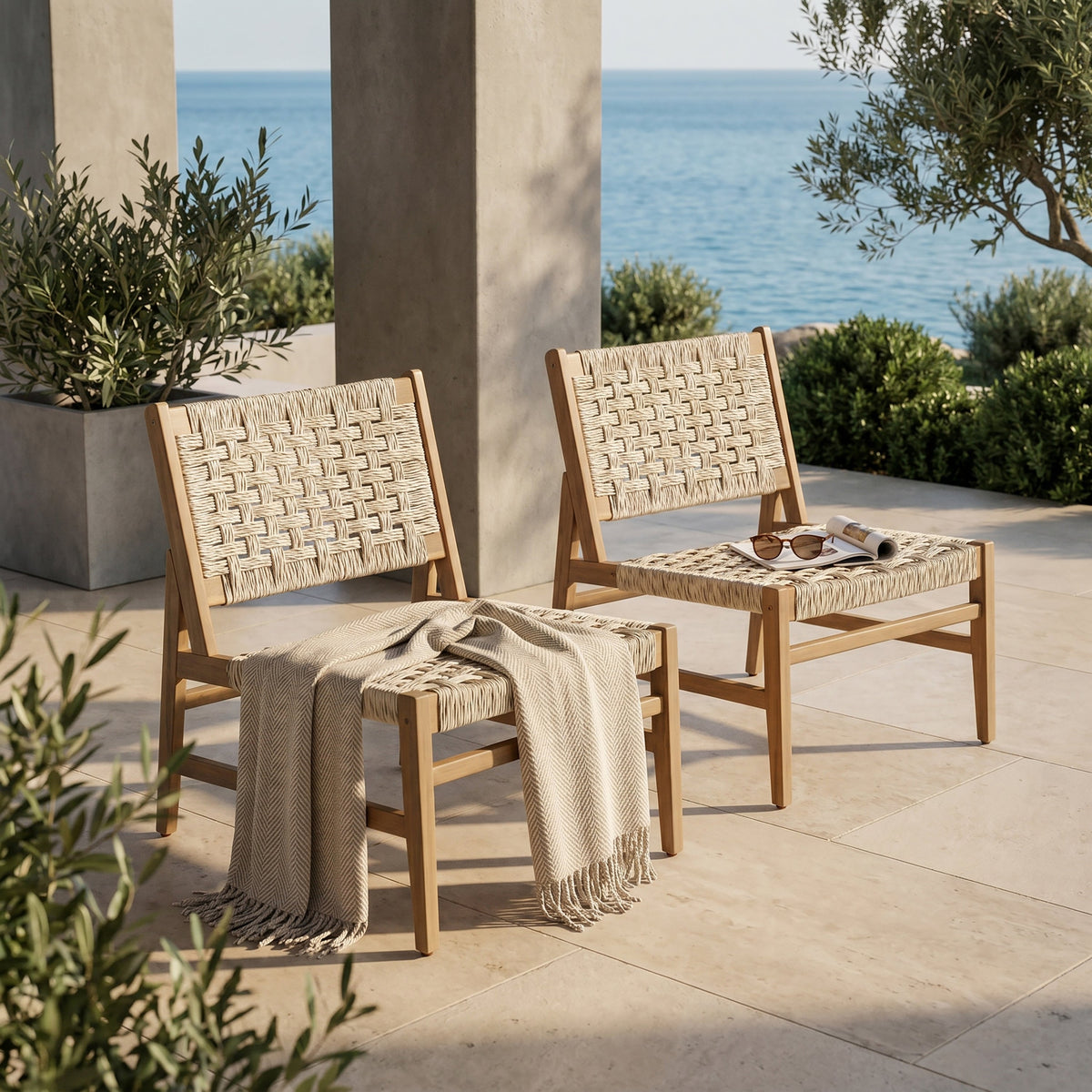 Acacia Wood Patio Club Chair with Wicker - Light Brown or Light Grey, photo 2 of 10