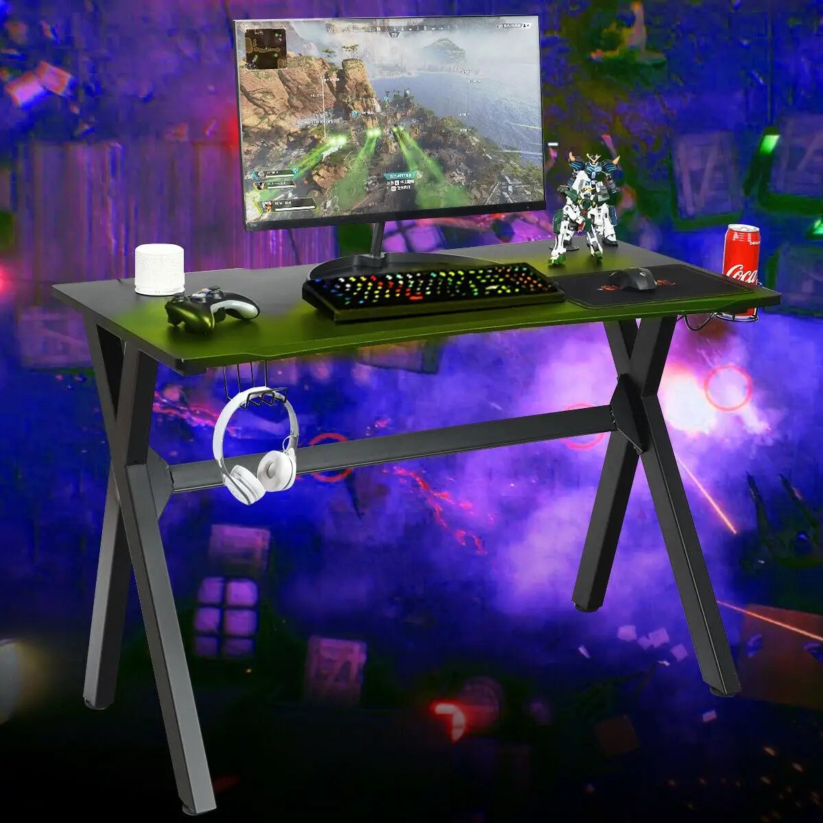 Ergonomic Gaming Desk with Mousepad and Cup Headphone Holder by DirectDeals