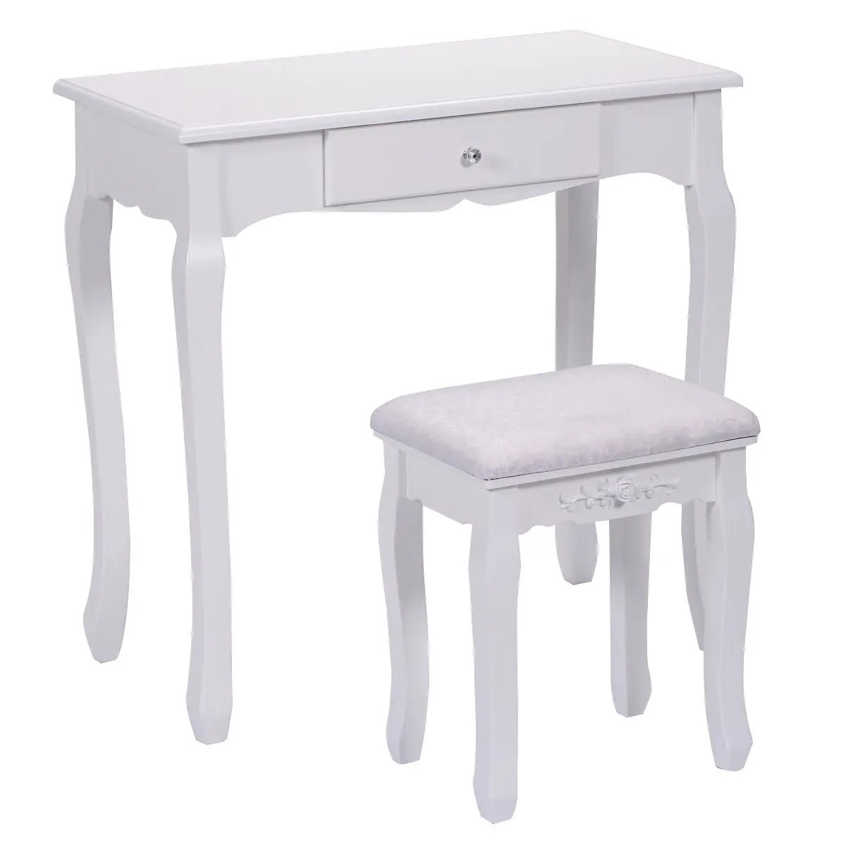 Vanity Table Set with Cushioned Stool with 360¬∞ Rotating Oval Mirror and Three Drawers-White by DirectDeals