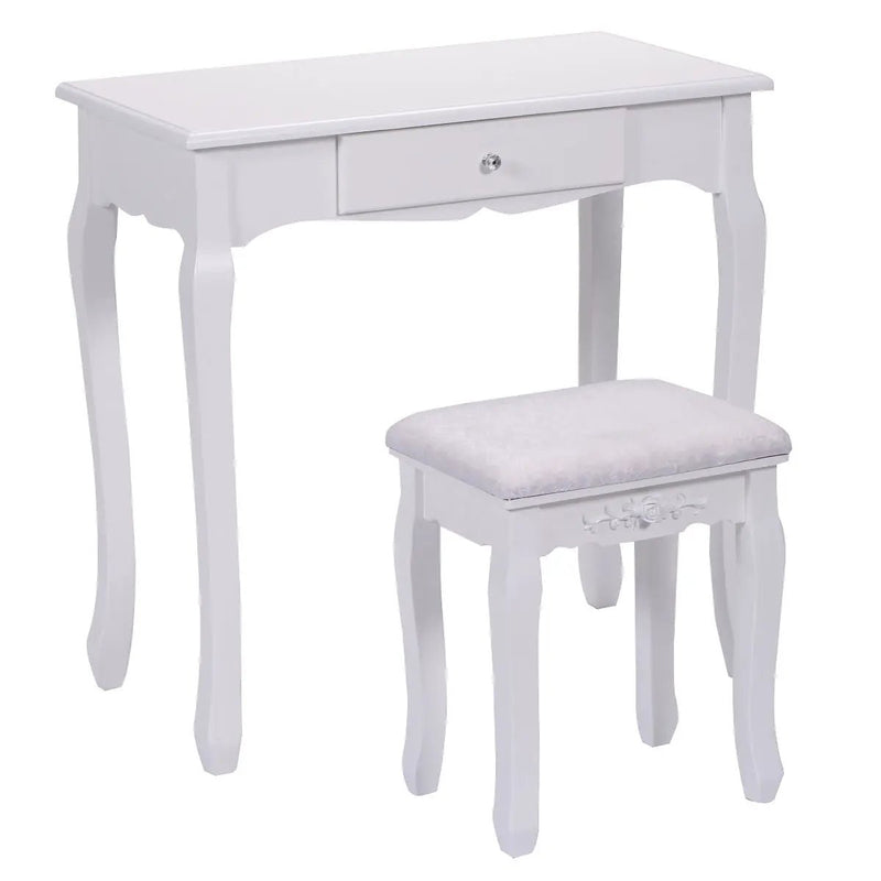 Vanity Table Set with Cushioned Stool with 360¬∞ Rotating Oval Mirror and Three Drawers-White by DirectDeals