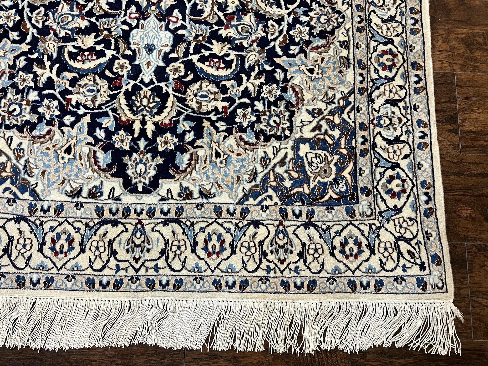Persian Nain Rug 4x6, Floral, Hand Knotted Vintage Wool & Silk Highlights, Signature from Masterweaver, Navy Blue and Ivory by Jewel Rugs