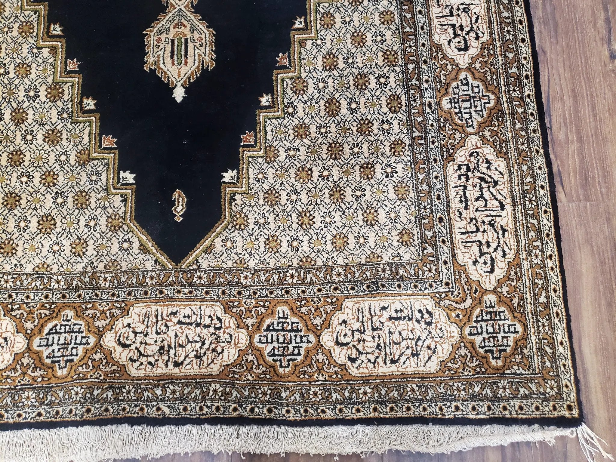 Persian Silk Qum Rug, Silk on Silk, Black Golden Brown and Beige, Hand-Knotted, 3'6" x 5' 5" by Jewel Rugs