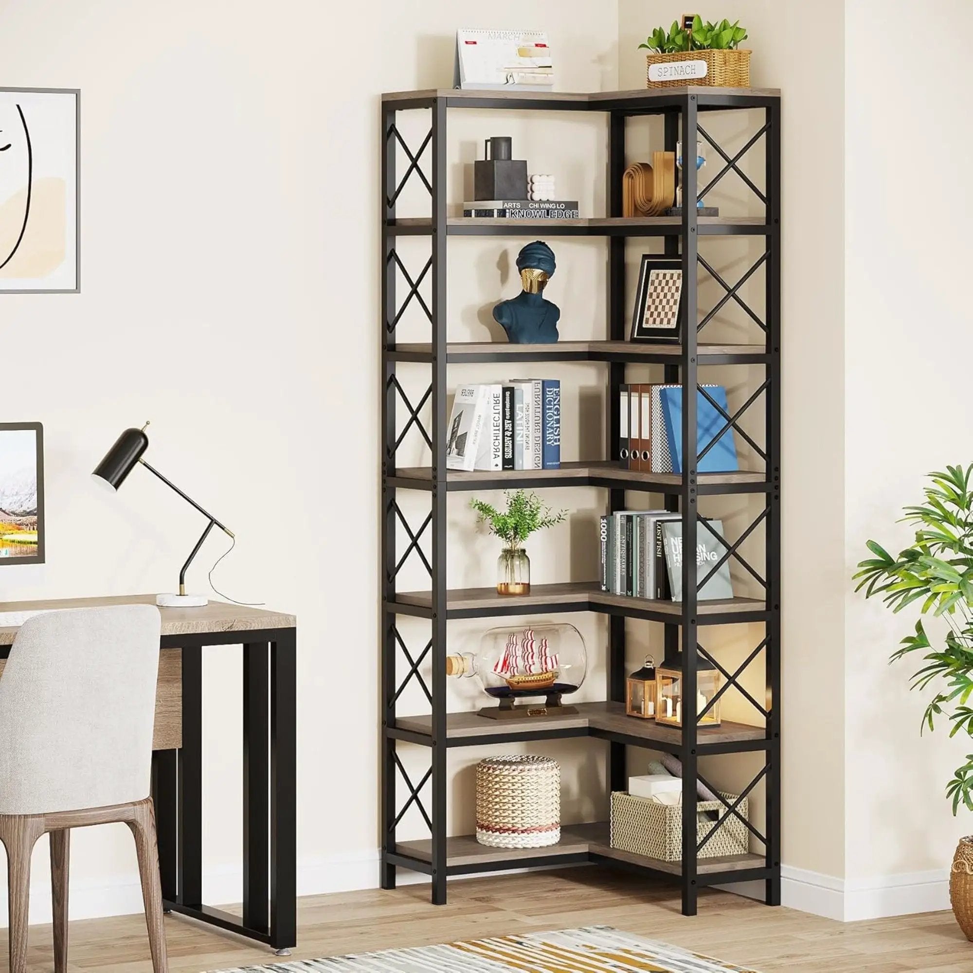 7 Tier Corner Bookshelf, Storage Unit For Living Room