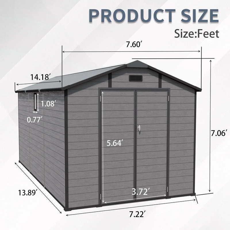 8x14 FT Plastic Outdoor Storage Shed - Lockable Resin Tool Shed with 2 Window & 3 Air vents by HouseOfZazla