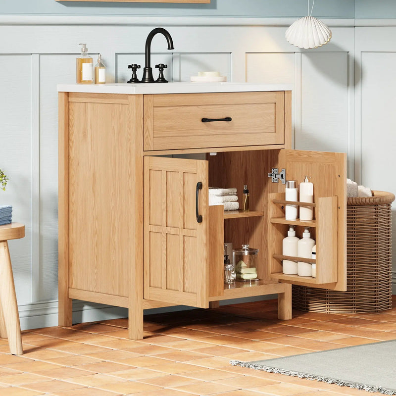 Bathroom Vanity With Sink, Adjustable Shelf & Door Organizers - Walnut