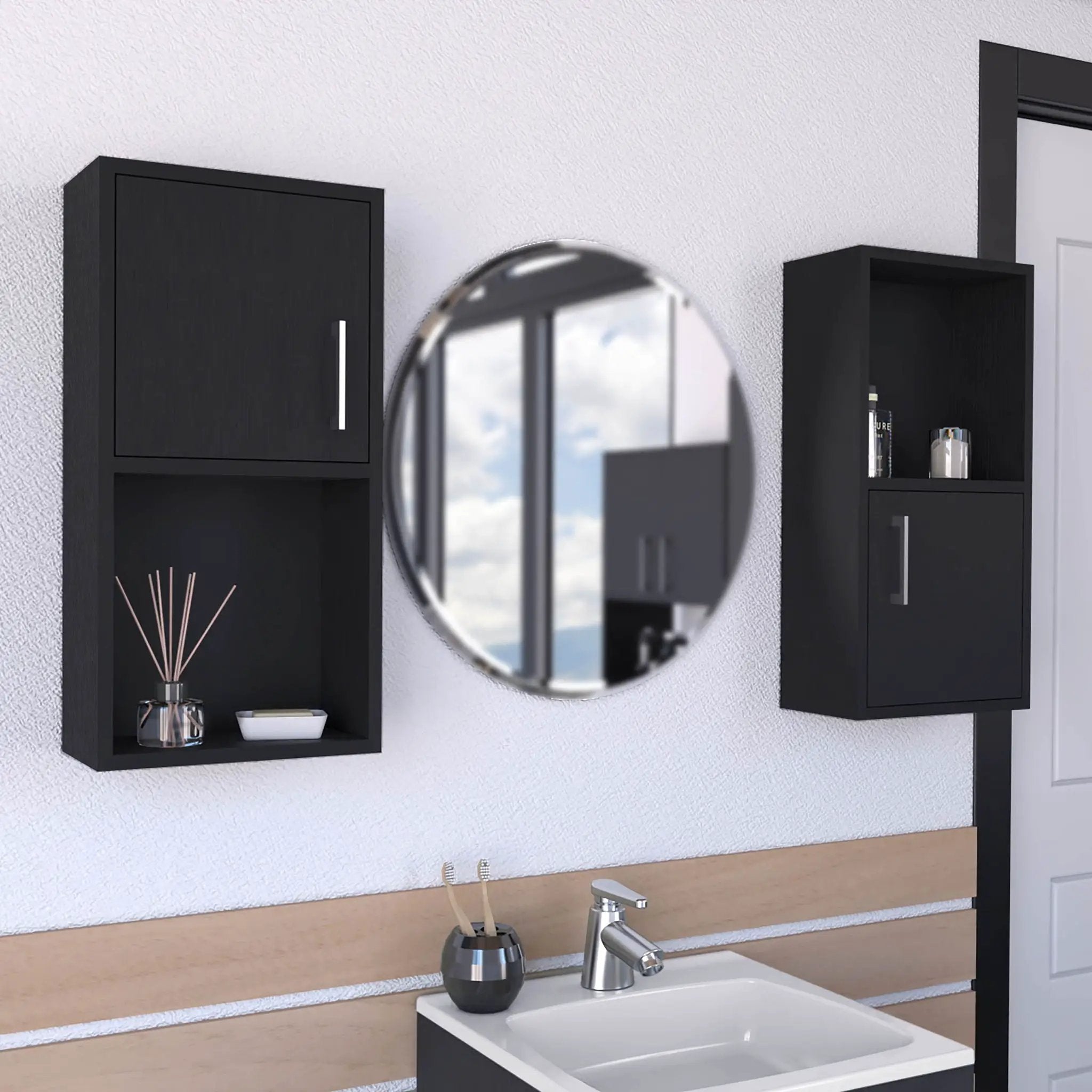 Wall Mounted Bathroom Medicine Cabinet Eak Two Doors, Two Shelves - Black by Unique Piece Furniture