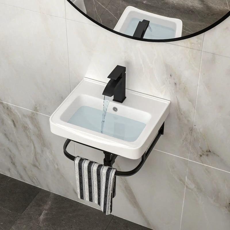 Wall Mounted Bathroom Sink With Towel Bar & Overflow - White / Black by HouseOfZazla