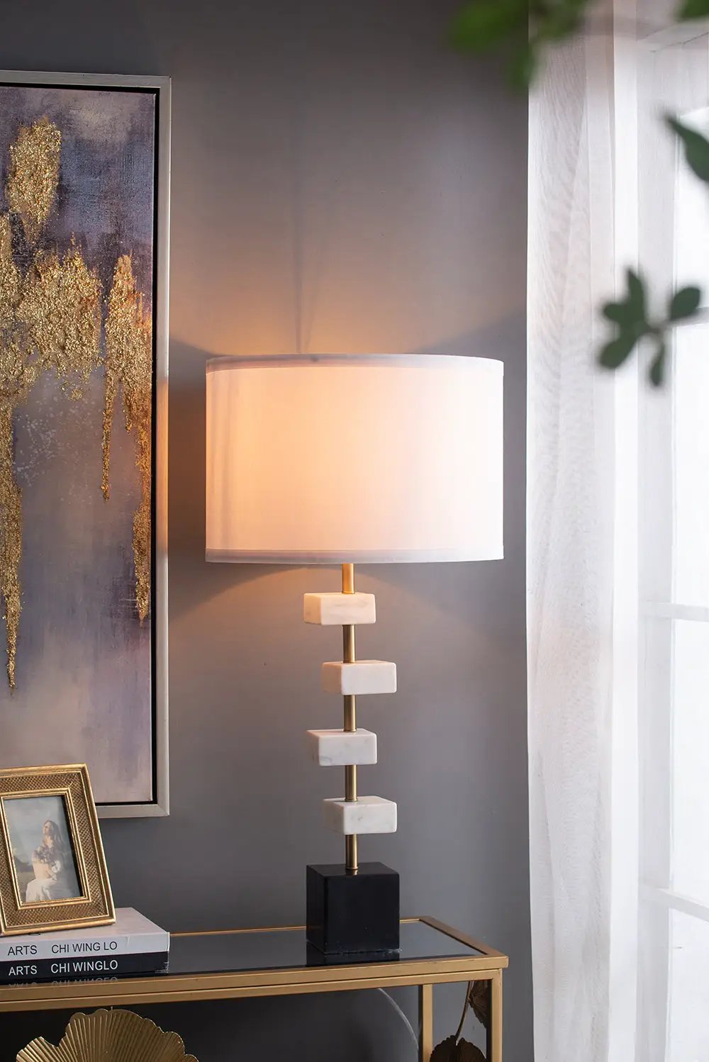 D15x30' Table Lamp with White Marble and Brass Frame by HouseOfZazla