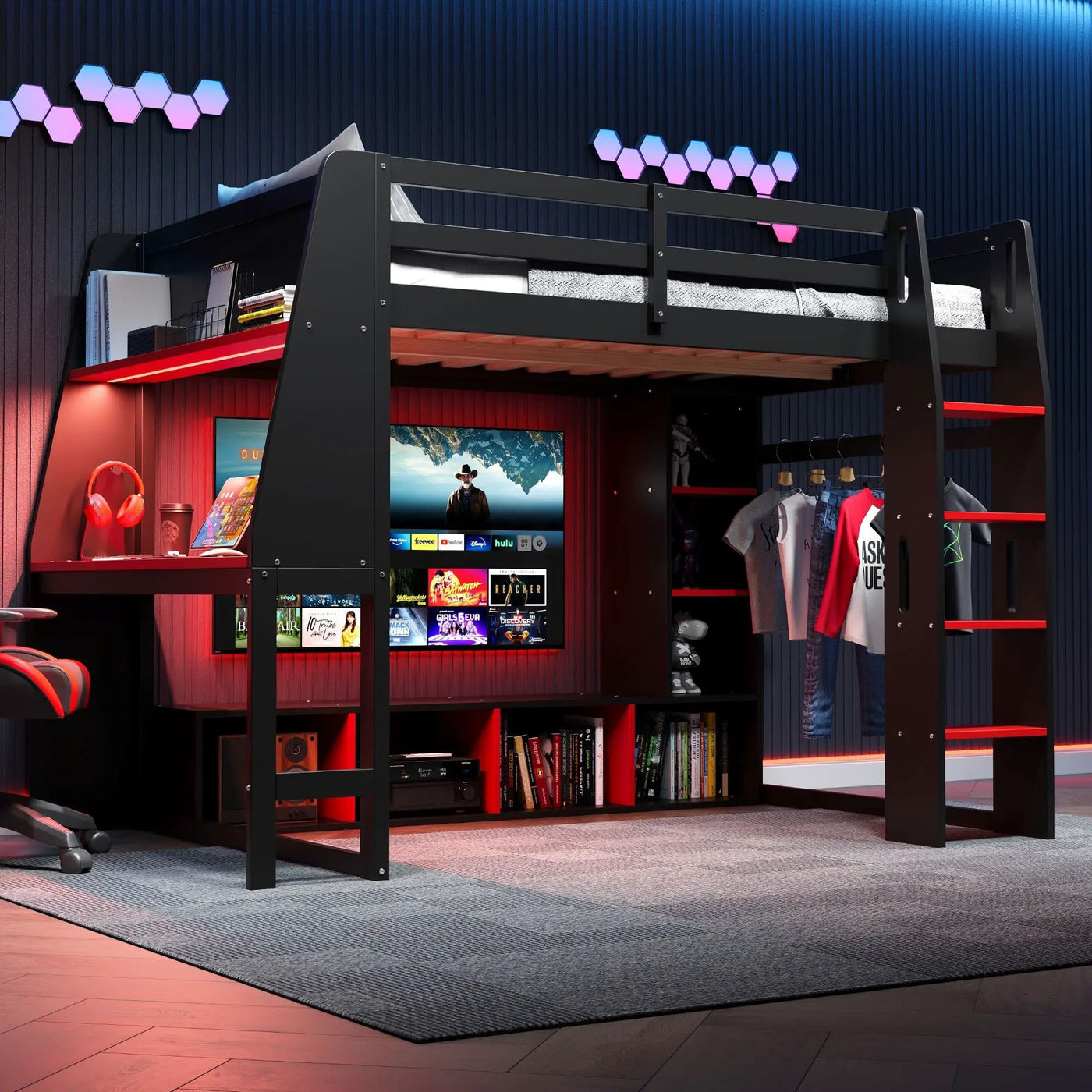Gaming Loft Bed With Desk, Multi Storage Shelves, LED Lighting, And Hanging Clothes Rack by HouseOfZazla