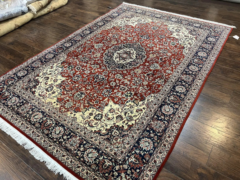 Fine Sino Persian Rug 7x10 ft, Floral Central Medallion Oriental Carpet, Red Navy Blue Cream, Hand Knotted Wool Traditional Vintage Rug by Jewel Rugs
