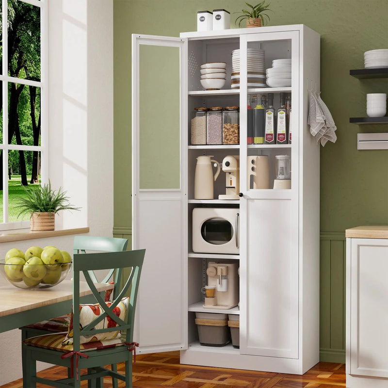 Tall Metal Kitchen Pantry Cabinet With Adjustable Shelves And Silent Magnetic Doors - White by HouseOfZazla
