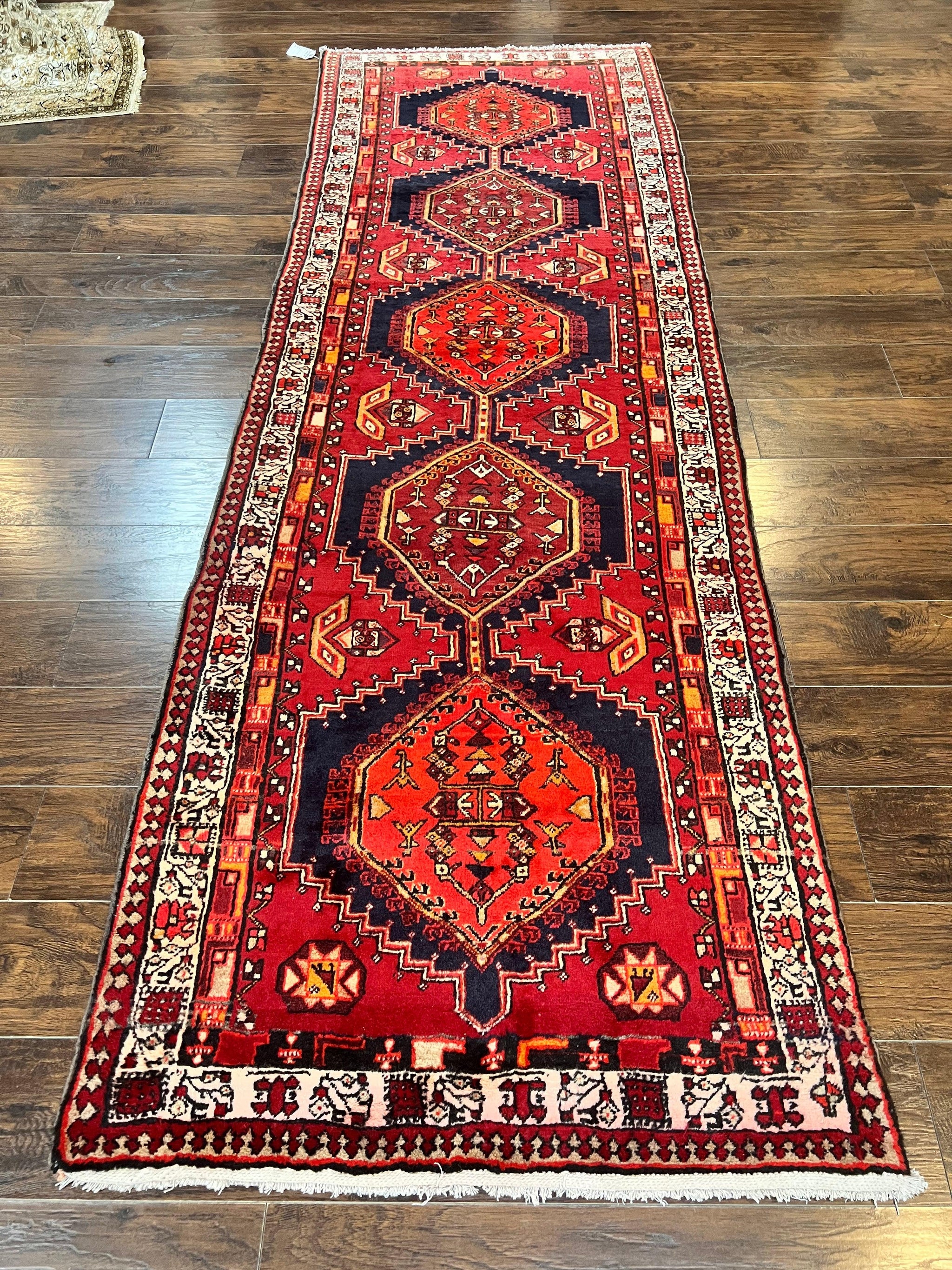 Persian Heriz Runner Rug 3.7 x 11, Persian Tribal Runner, Handmade Wool, Medallions, Geometric, Red, Antique Vintage Hand Knotted Rug by Jewel Rugs