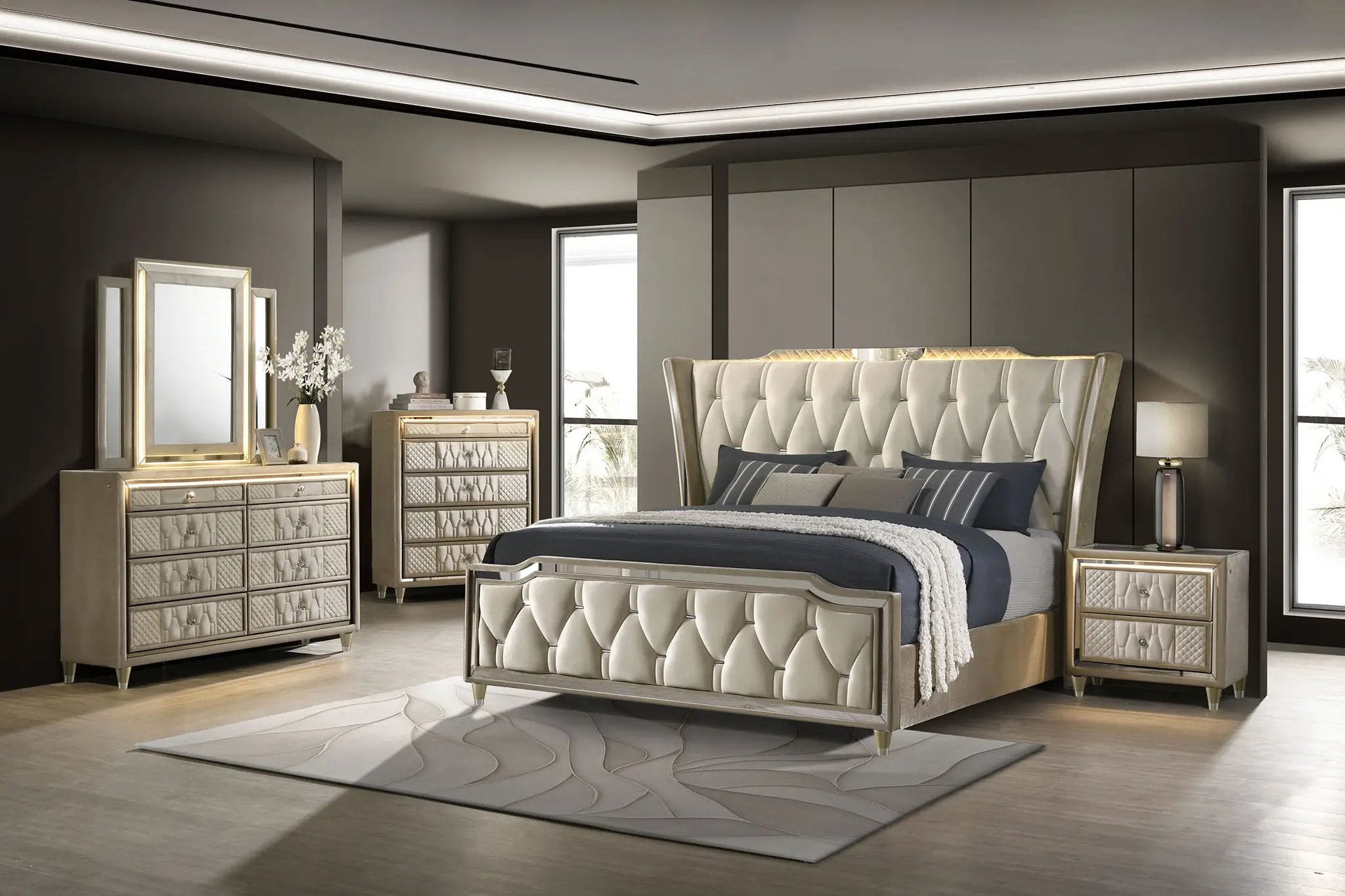 Lorient Queen LED Upholstered Wingback Bed Ivory and Camel by Unique Piece Furniture