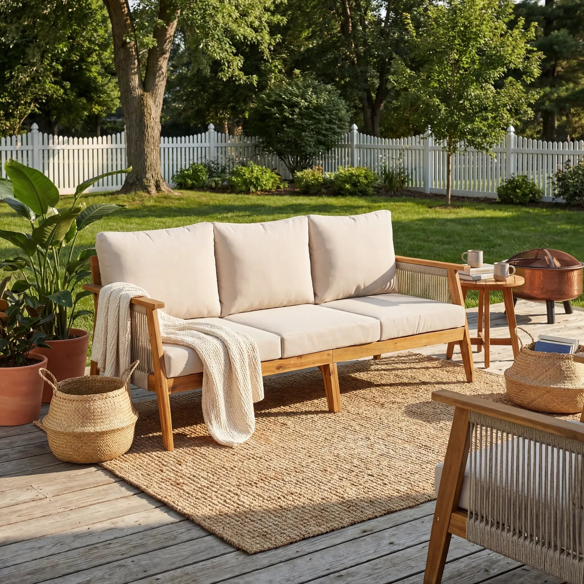 Outdoor Acacia Wood and Rope 3 Seater Patio Sofa by HouseOfZazla