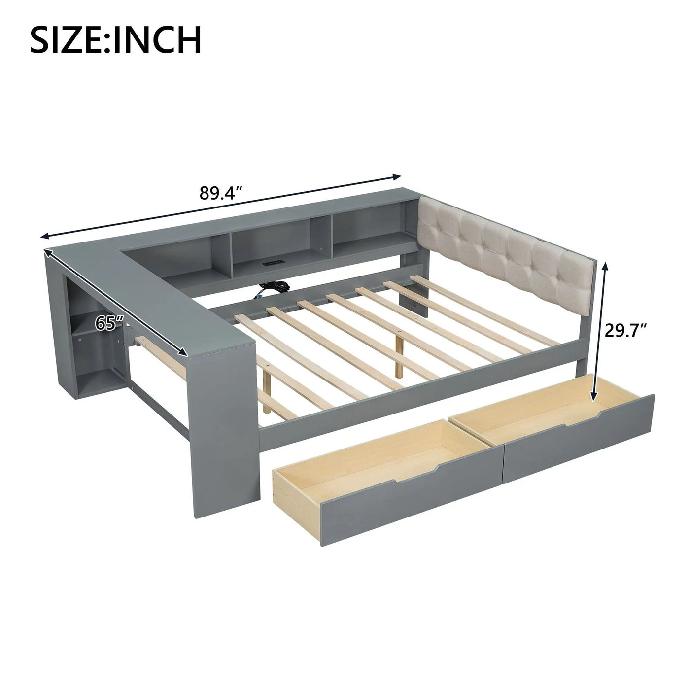 Upholstered Headboard Platform Bed With Storage Shelves, Drawers, Charging Station by HouseOfZazla