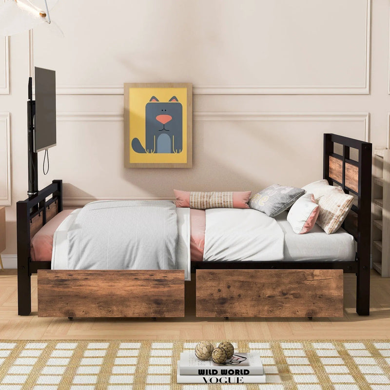Twin Size Platform Bed With Headboard And Footboard, 2 Storage Drawers And Rotatable TV Stand - Black by HouseOfZazla