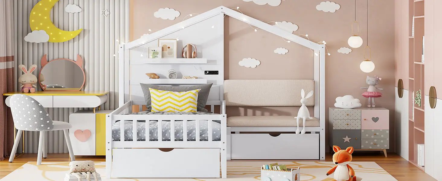 House Bed With Upholstered Sofa, Wireless Charging Station, Shelves And 2 Drawers by HouseOfZazla