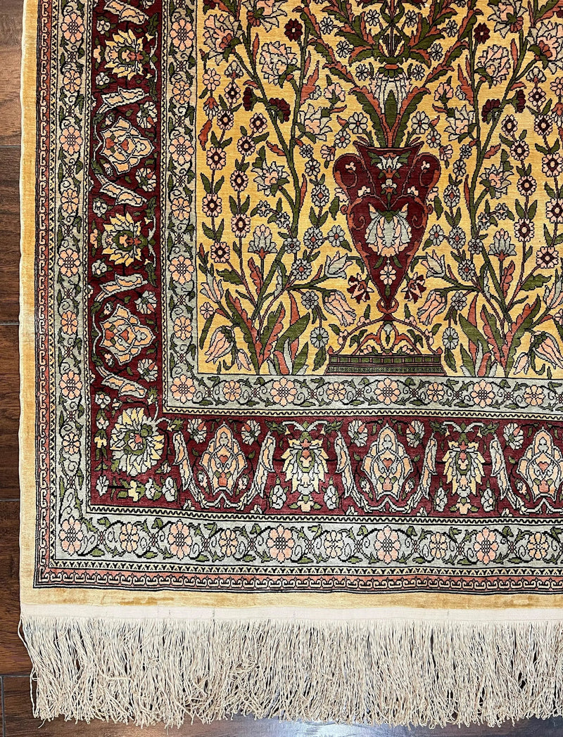 Wonderful Silk Turkish Hereke Prayer Rug 2.8 x 4.5, Tree of Life Design, Signature from Master Weaver, Gold and Burgundy, Handmade, 625 KPSI by Jewel Rugs