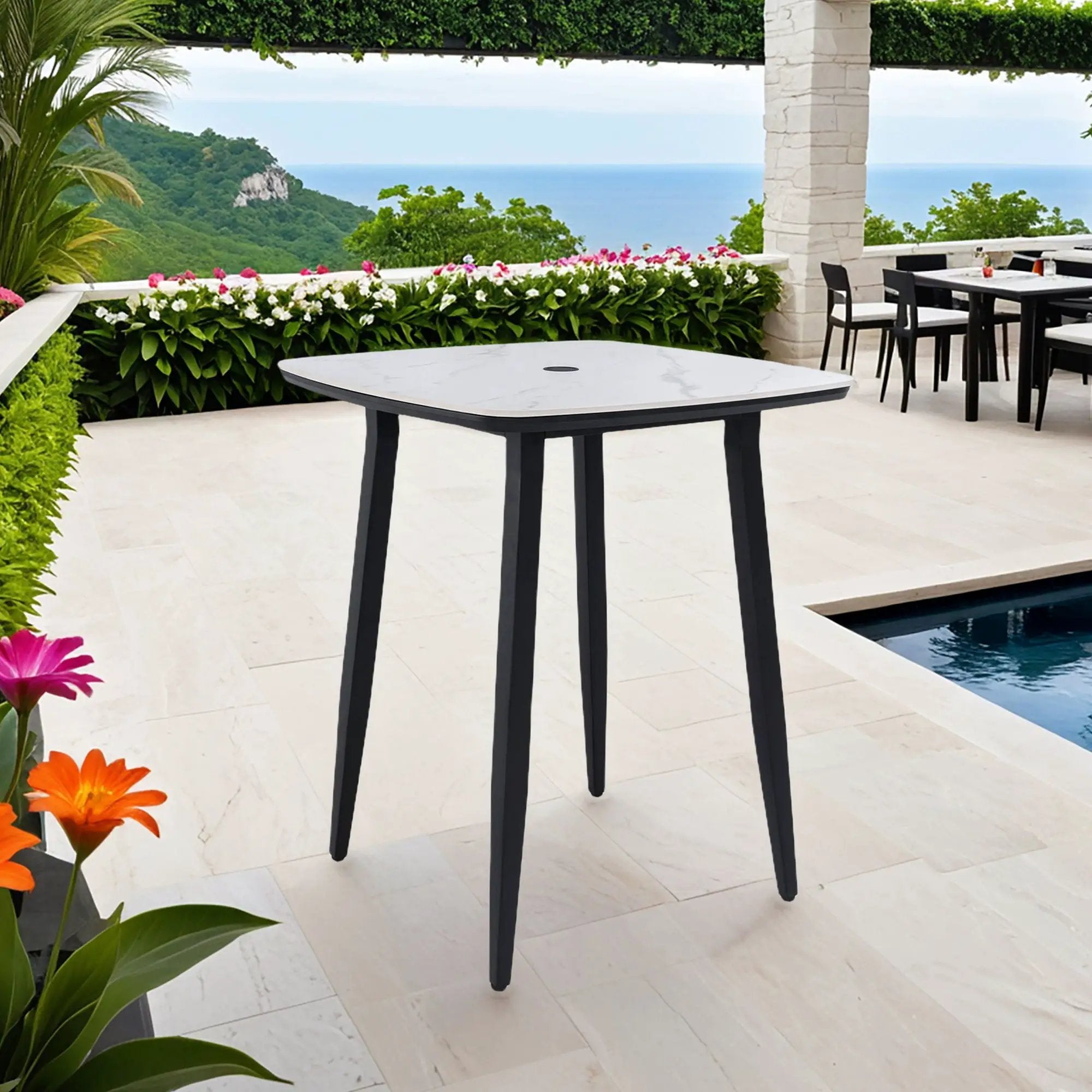Outdoor Bar Table, Rounded Square Sintered Stone Top With Umbrella Hole, Rust Free Frame, Weatherproof - Ember Black / White by HouseOfZazla